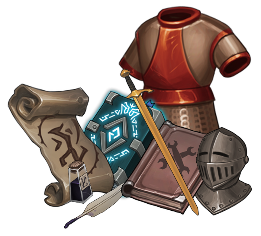 Gear-type items surround by &ldquo;proto&rdquo; books and parchment. 
