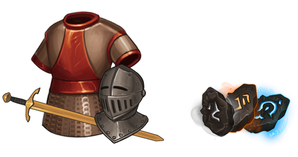 Gear type items alongside socketable, stackable runestones. 