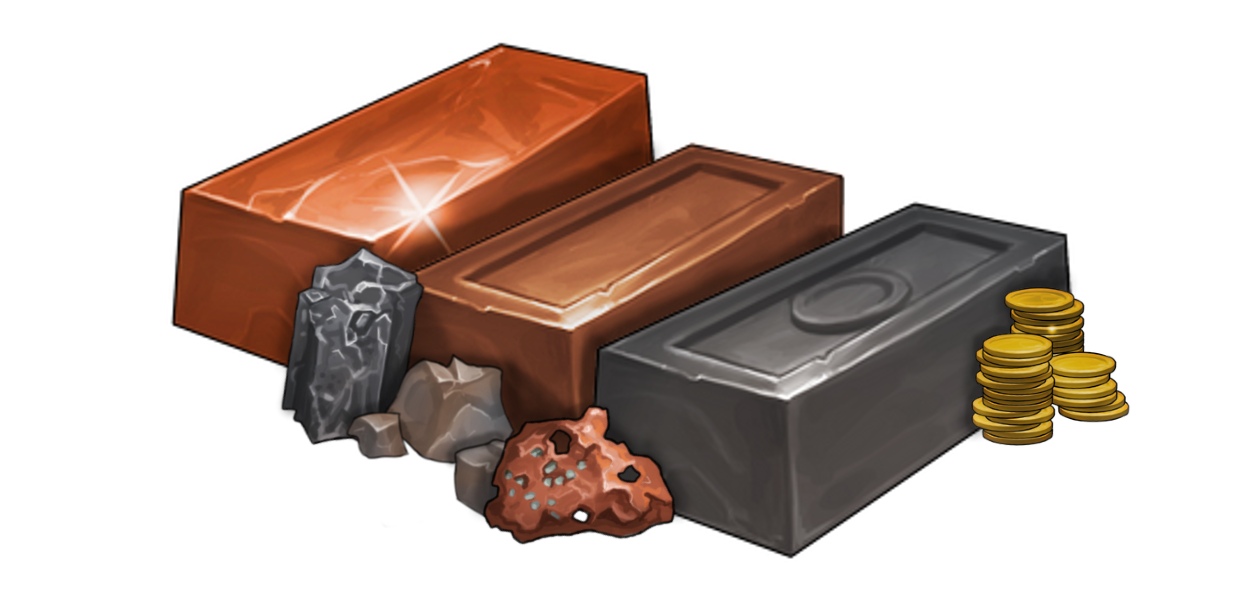 A stack of gold coins, a pile of copper, tin, and iron ores, and a bundle of copper, bronze, and iron ingots.