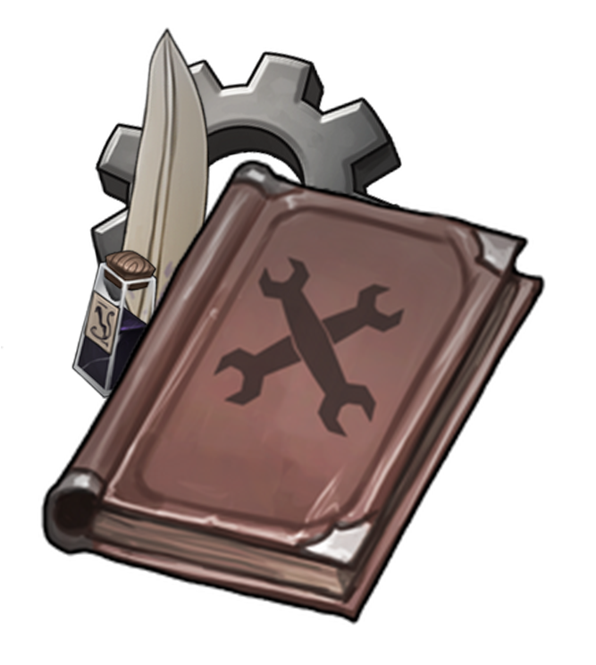 A book with a feather quill, inkwell, and mechanical gears.