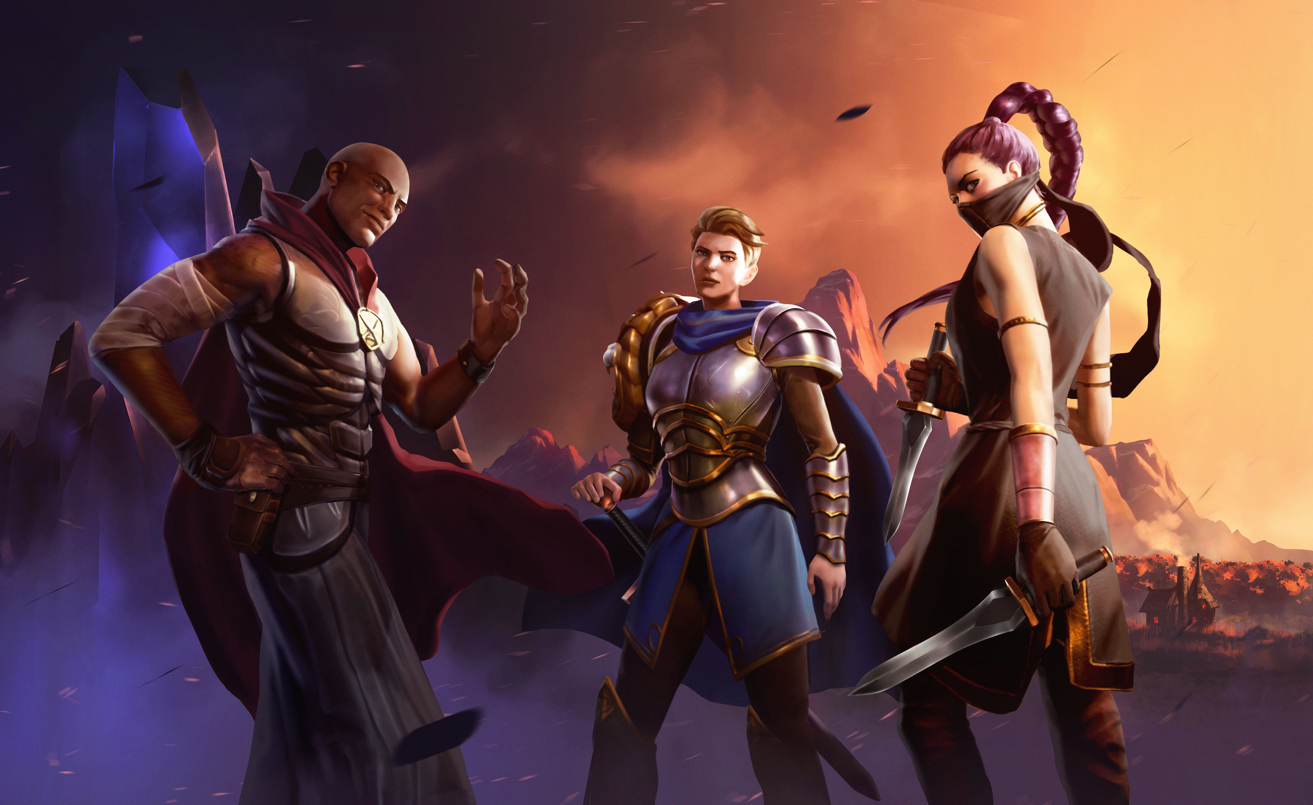 A mage, knight, and rogue looking ready for a game behind a fantasy landscape.