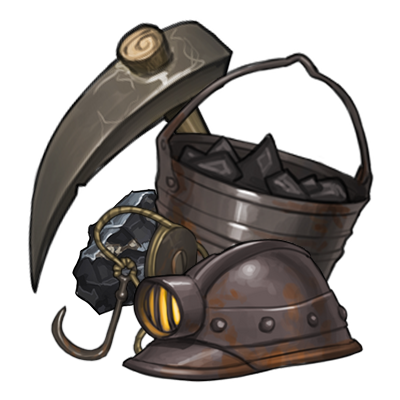 A pickaxe and miner’s helmet leaning on a bucket of ore.
