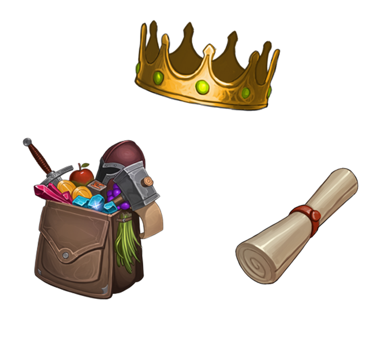 A crown, scroll, and backpack full of magical weapons and loot.