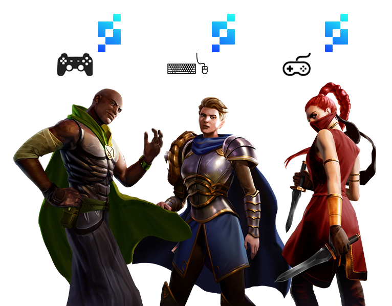 A knight, rogue, and mage with Pragma logos and different game console icons above them.