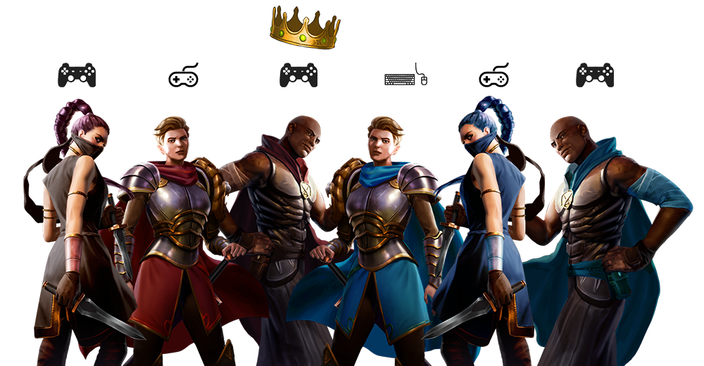 A group of knights, rogues, and mages with different game console icons above them, and a crown above one of the mages.