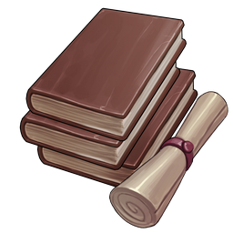 A bundle of books and a scroll representing JSON catalog definitions. 