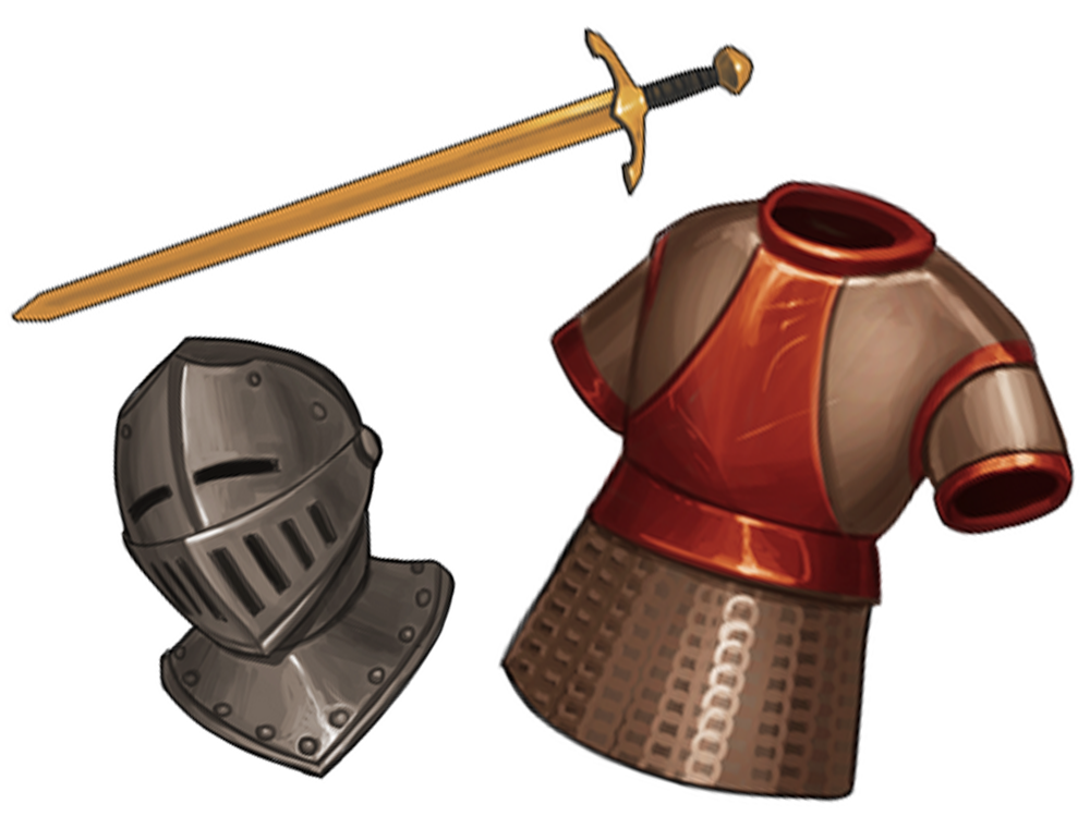 A copper sword, iron helmet, and bronze breastplate. 
