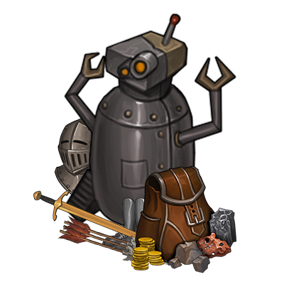 A robot, arms raised, with a backpack, minerals, gold coins, arrows, and a sword, iron helmet, and iron plate boots. 