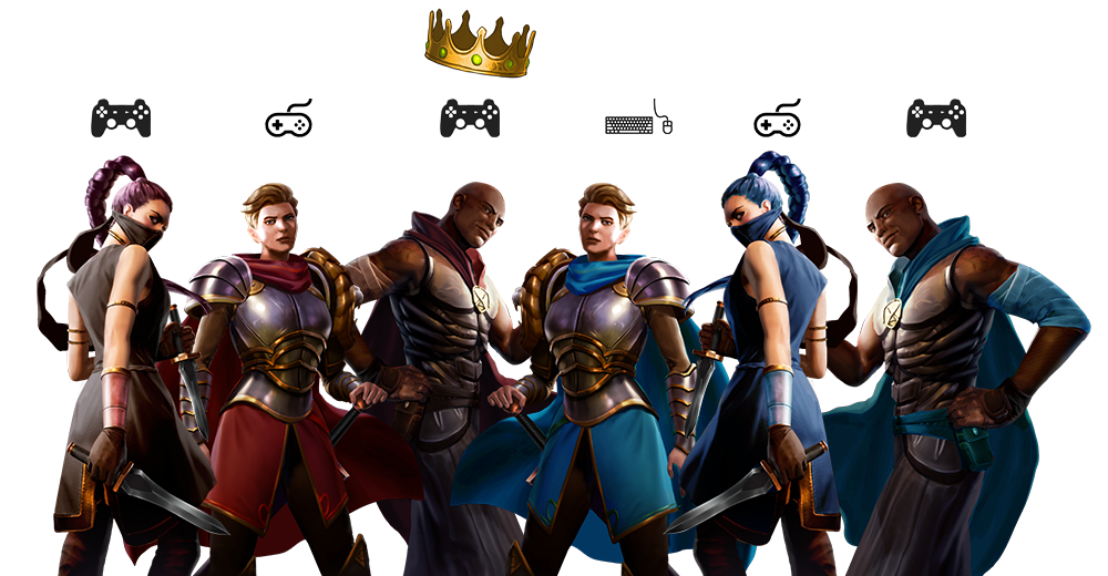 A group of knights, rogues, and mages with different game console icons above them, and a crown above one of the mages. 