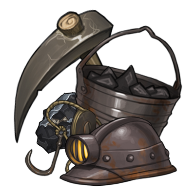 A pickaxe and miner&rsquo;s helmet leaning on a bucket of ore. 