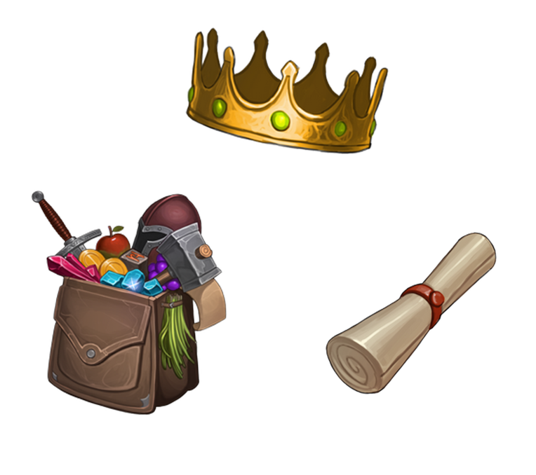 A crown, scroll, and backpack full of magical weapons and loot. 