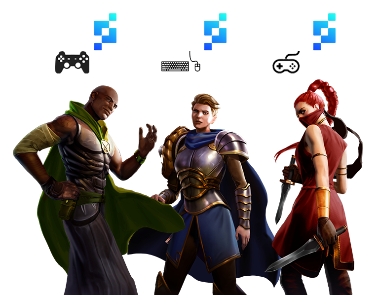 A knight, rogue, and mage with Pragma logos and different game console icons above them. 
