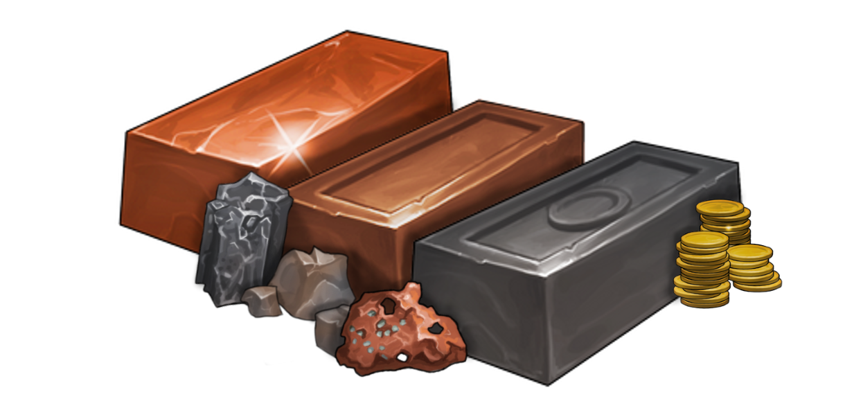 A stack of gold coins, a pile of copper, tin, and iron ores, and a bundle of copper, bronze, and iron ingots. 