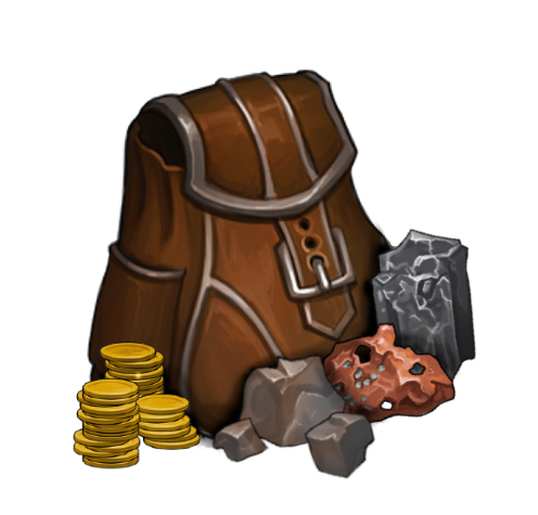 Copper, iron, and tin ore next to a backpack with gold coins 