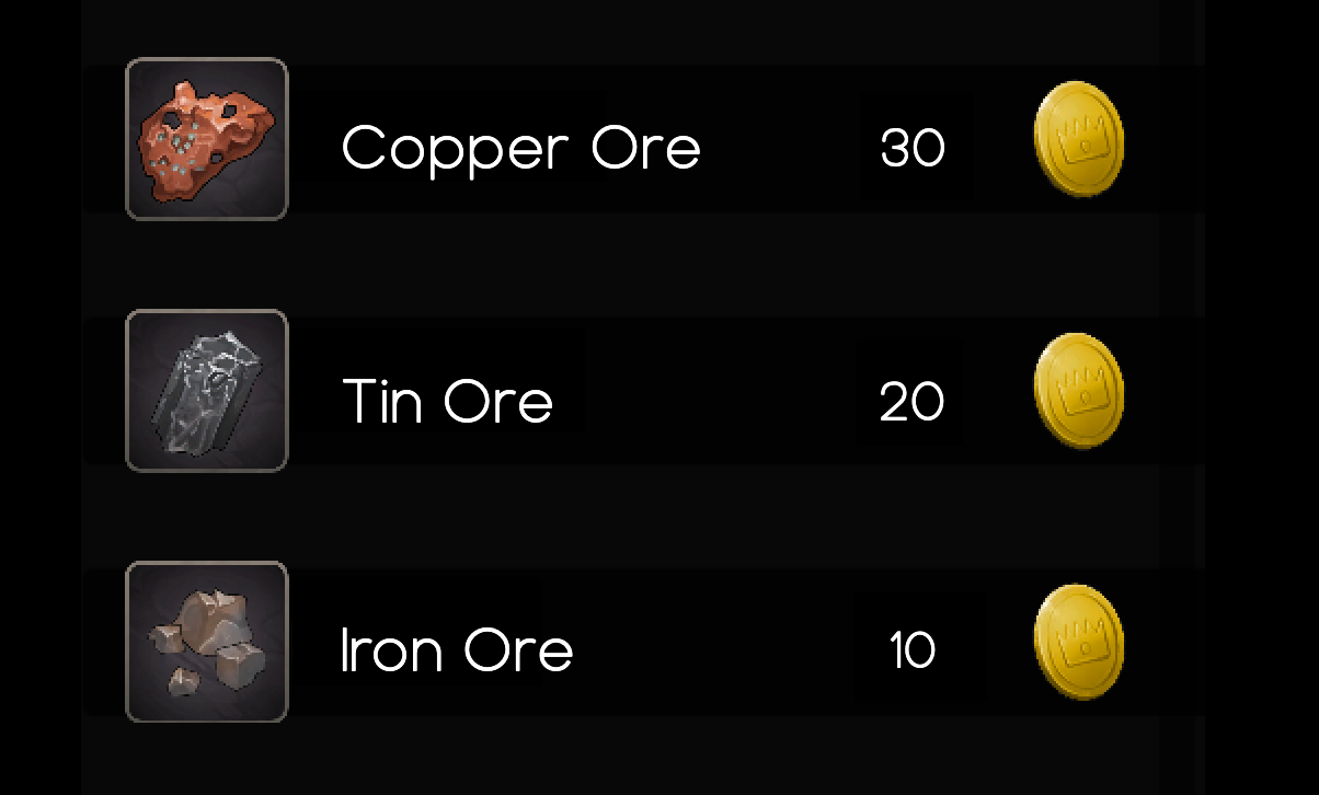 UI of a store that sells copper, tin, and iron ore. 