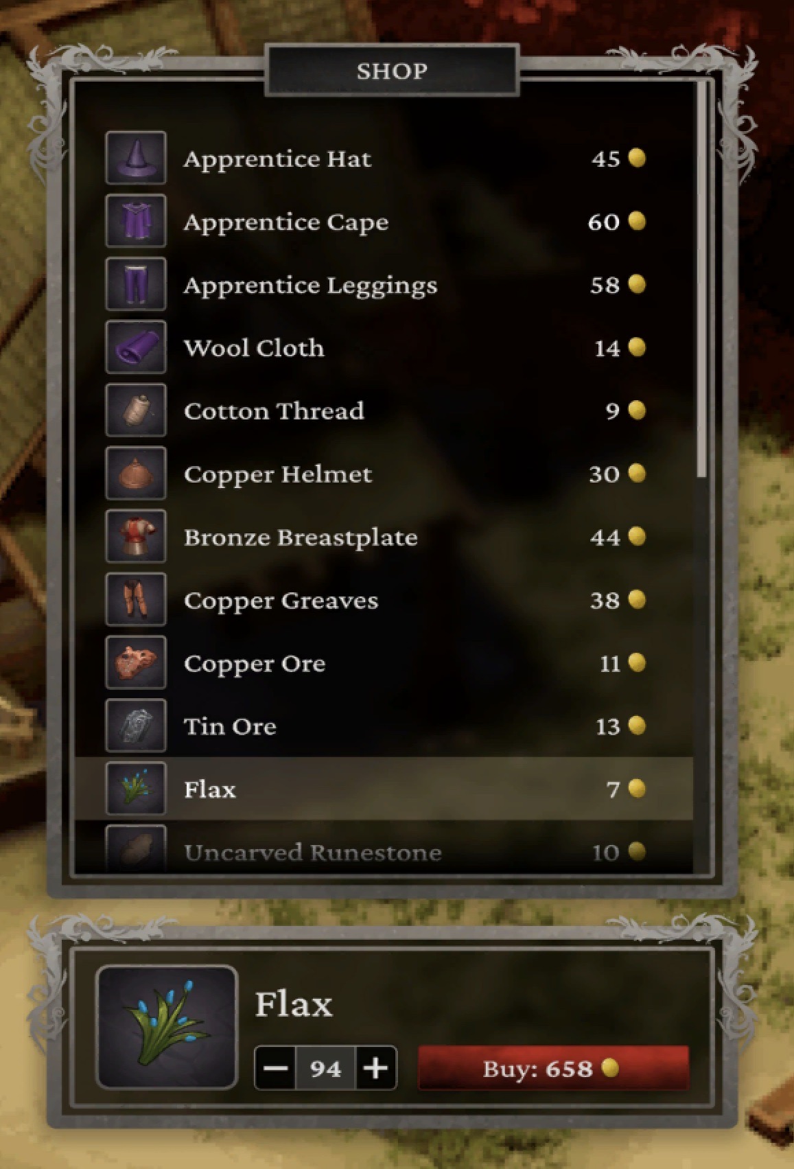 A UI menu of a shop that sells instanced and stackable items. 